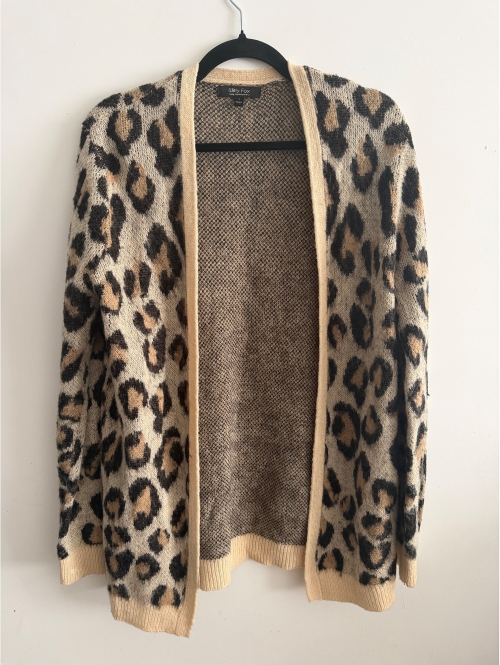 Witty Fox Leopard Print Open Front Cardigan Sweater, Size Large